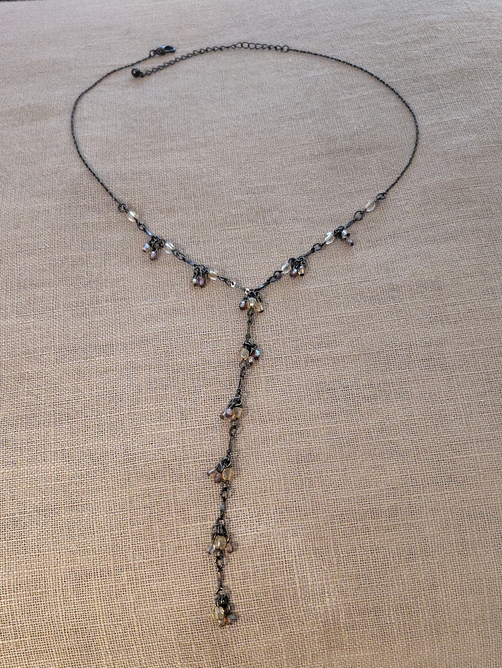 Delicate Gunmetal Lariat Necklace with Champagne Beads